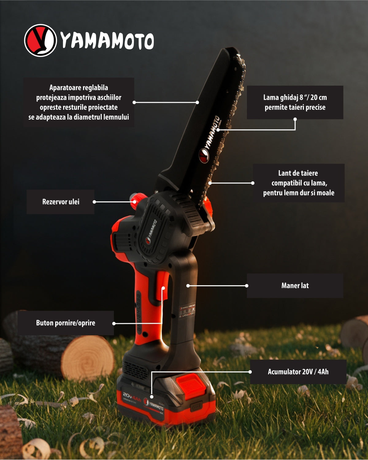 Mini drujba 8" pe acumulator cu 1 acumulator 20v/4Ah si incarcator YAMAMOTO YBS-84 5400 rot/min, Brushless