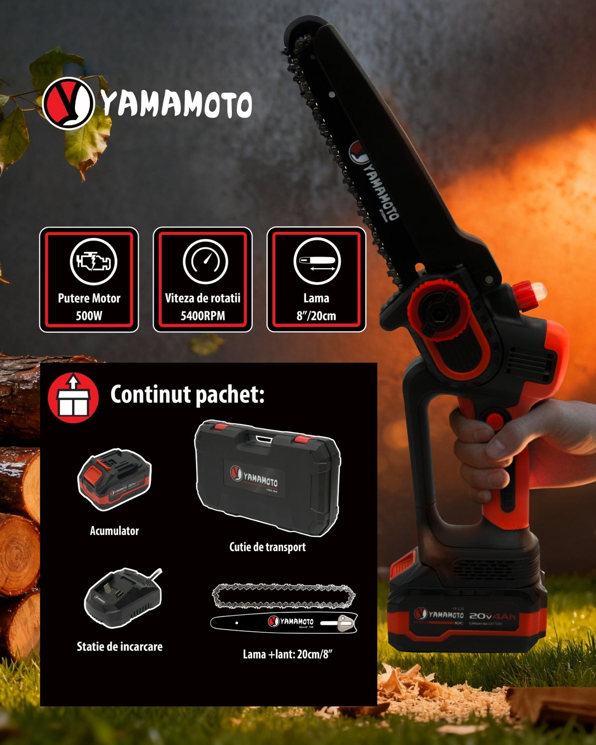 Mini drujba 8" pe acumulator cu 1 acumulator 20v/4Ah si incarcator YAMAMOTO YBS-84 5400 rot/min, Brushless
