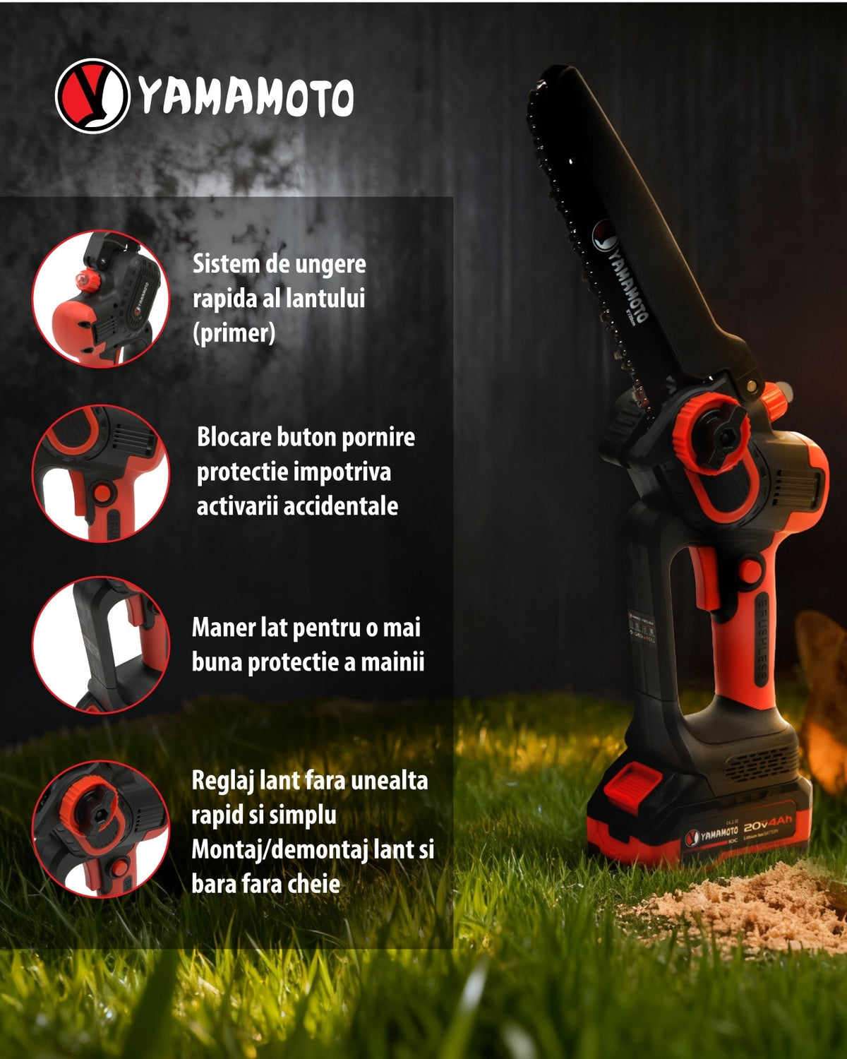Mini drujba 8" pe acumulator cu 1 acumulator 20v/4Ah si incarcator YAMAMOTO YBS-84 5400 rot/min, Brushless