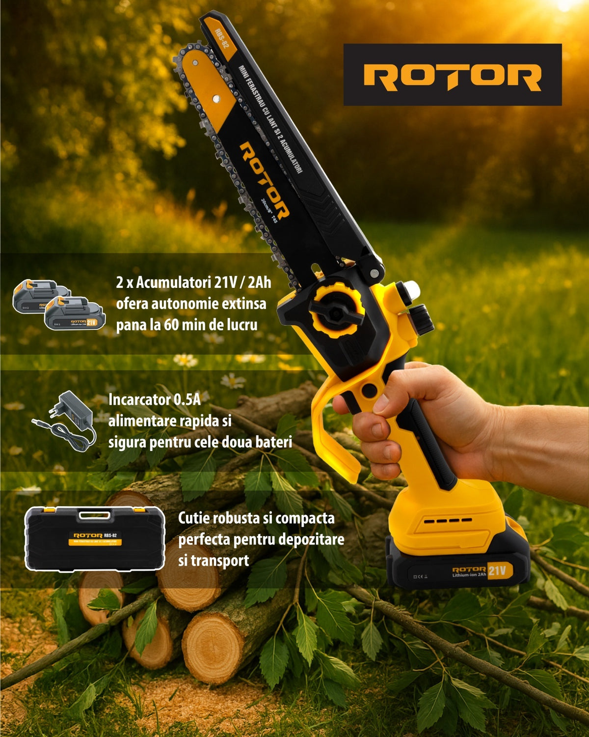 Mini drujba 8" pe acumulator cu 2 acumulatori 21V /2Ah si incarcator ROTOR RBS-82