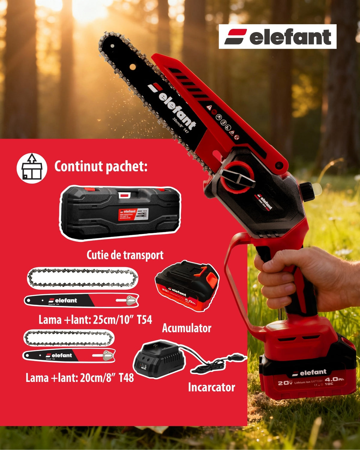 Mini fierăstrău cu lanț și acumulator ELEFANT EBS-104, 20V / 4Ah, Brushless
