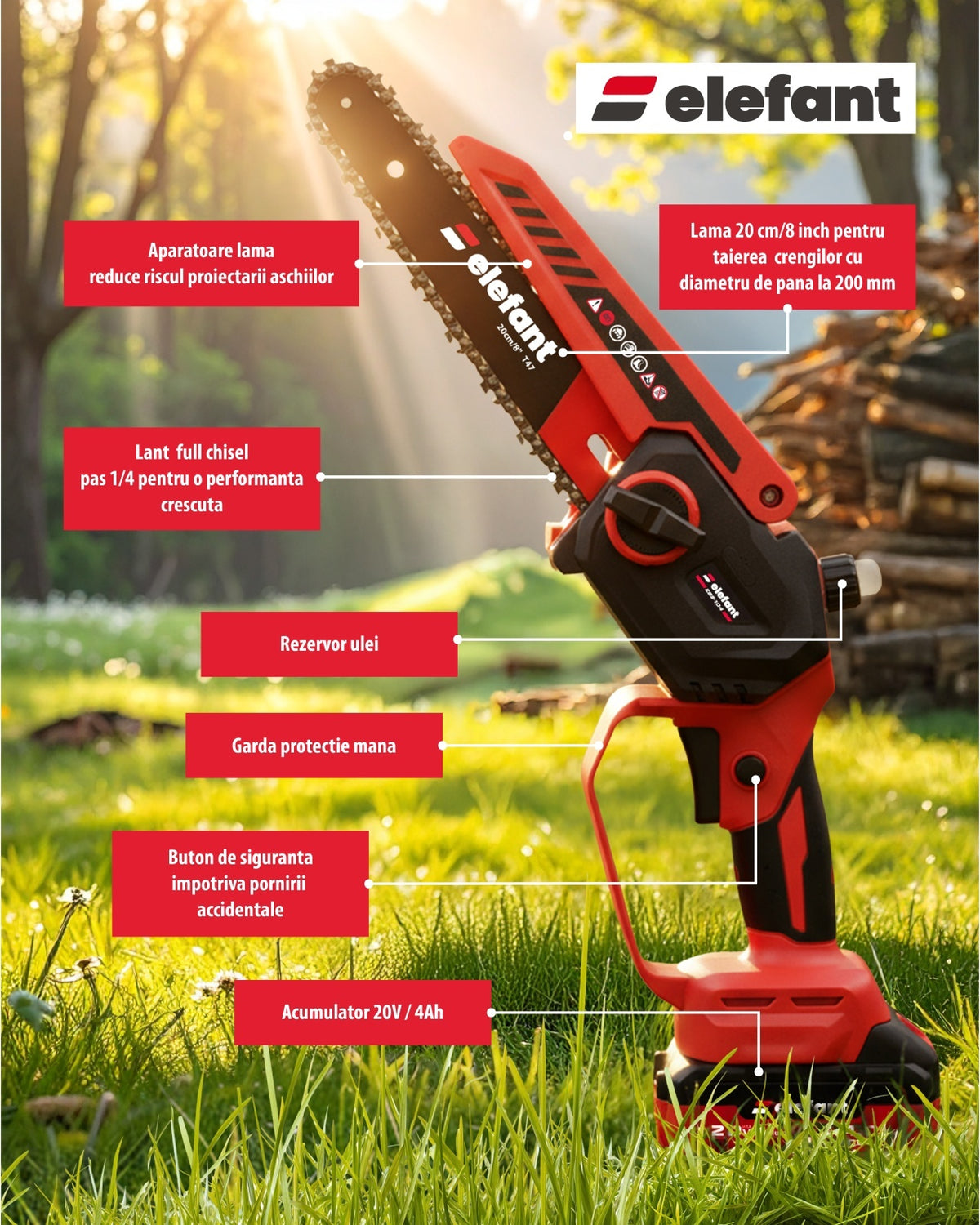 Mini fierăstrău cu lanț și acumulator ELEFANT EBS-104, 20V / 4Ah, Brushless