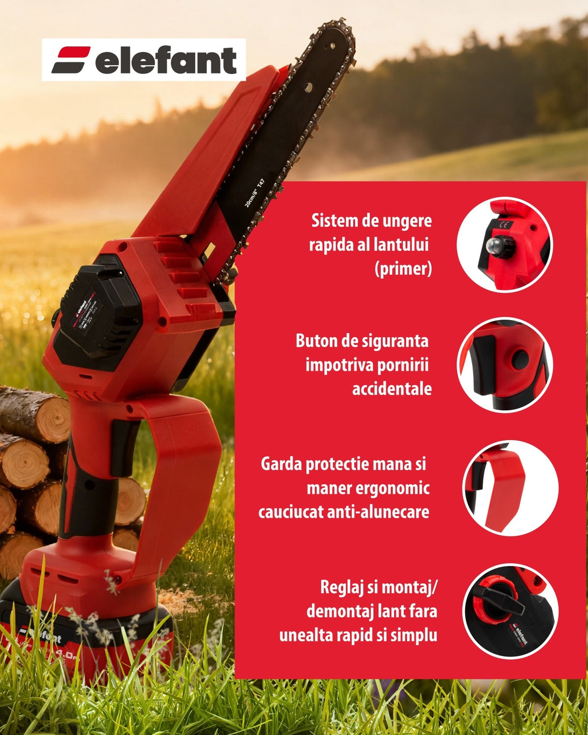 Mini fierăstrău cu lanț și acumulator ELEFANT EBS-104, 20V / 4Ah, Brushless