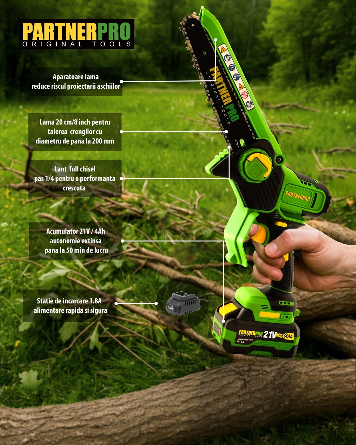 Mini Fierăstrău cu Lanț și Acumulator PPBS-84 PARTNERPRO, Brushless, 21V / 4Ah, Indicator sarcină