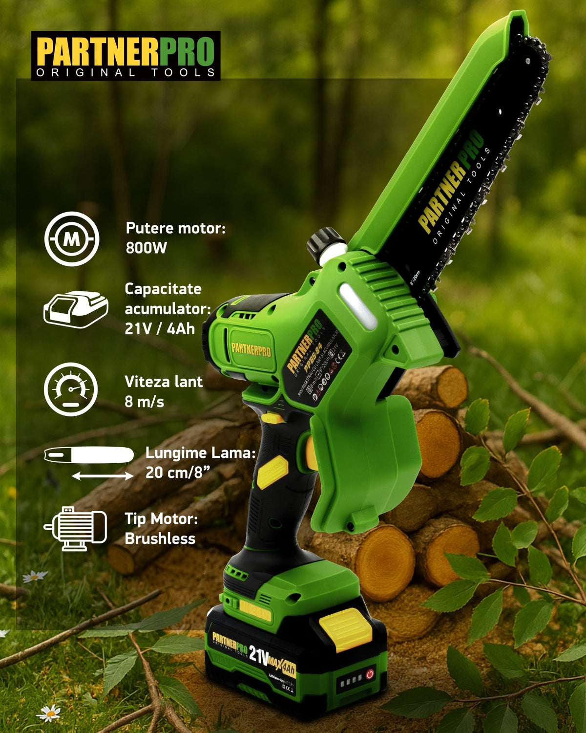 Mini Fierăstrău cu Lanț și Acumulator PPBS-84 PARTNERPRO, Brushless, 21V / 4Ah, Indicator sarcină