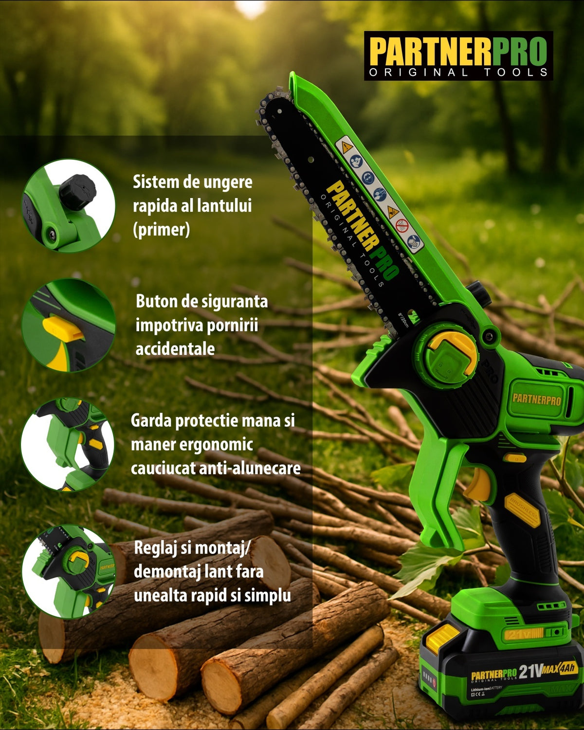 Mini Fierăstrău cu Lanț și Acumulator PPBS-84 PARTNERPRO, Brushless, 21V / 4Ah, Indicator sarcină