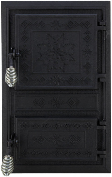 Ușă Sobă Monobloc Motive Românești 295 x 475 mm - Fontă, Prindere Platbandă, Dublură și Grătar