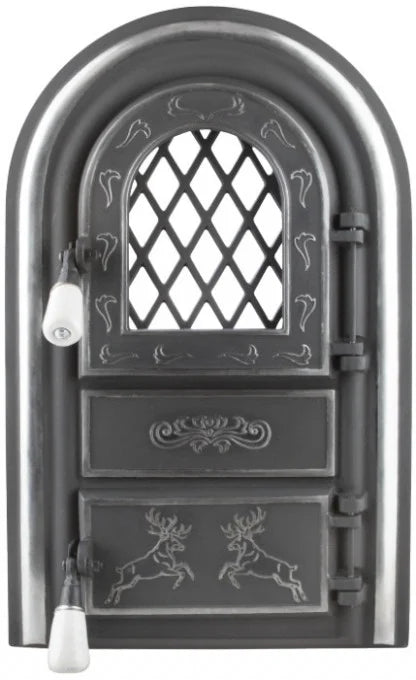 Ușă Șemineu cu Geam Model Cerbi Ornamente Argintii 345 x 555 mm - Cleme, Grătar Inclus