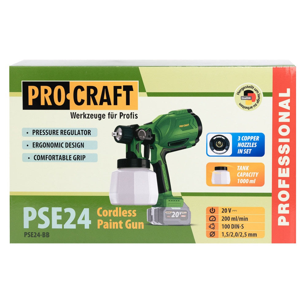 Pistol de vopsit pe acumulator PROCRAFT PSE24, 20V, 1000 ml, debit 380 ml/min, ACUMULATORUL NU ESTE INCLUS