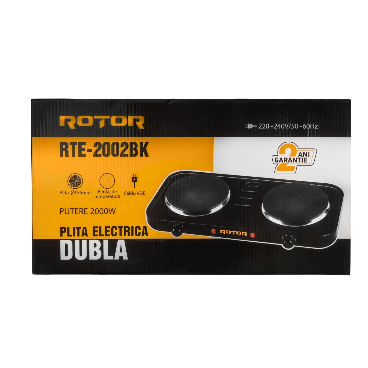 Plita electrica dubla ROTOR RTE-2002BK, 2000W, 2 x Ø155 mm, temperatura reglabila