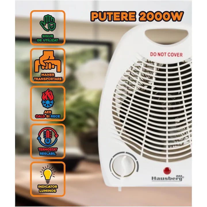 Aeroterma Hausberg HB 8501, 2000 W, 2 nivele de putere, termostat reglabil, protectie supraincalzire
