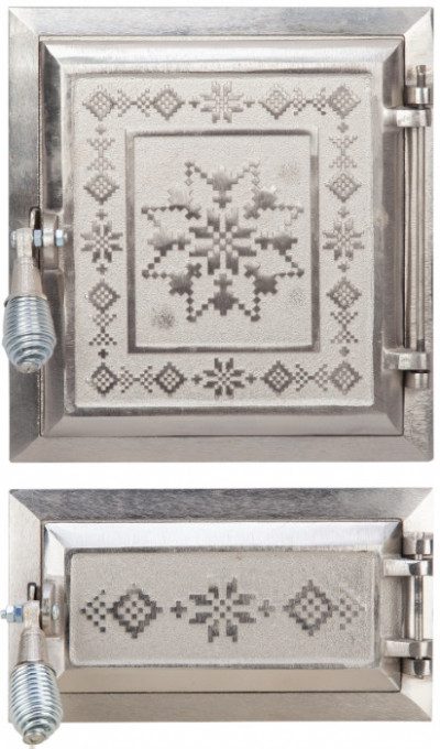 Ușă Sobă cu Cenușar Motive Românești Nichelată - 255 x 275 + 140 mm, Grătar Inclus, Cleme