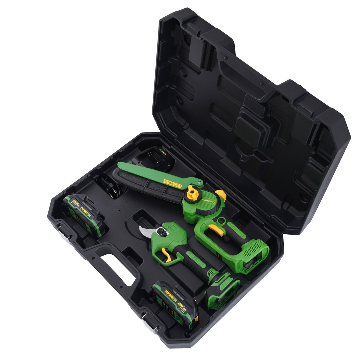 Set foarfecă de grădină și fierăstrău cu lanț pe acumulator PARTNERPRO PP-FF 5 IN 1, 2 acumulatori 20 V/2Ah Brushless