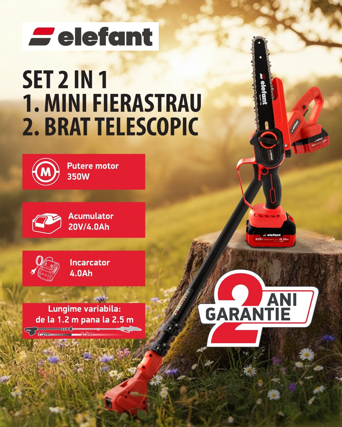 Set Mini drujba 8" si Extensie prelungire 2,5 m pe acumulator cu 1 acumulator 4Ah si incarcator ELEFANT ESBS8EP2.5