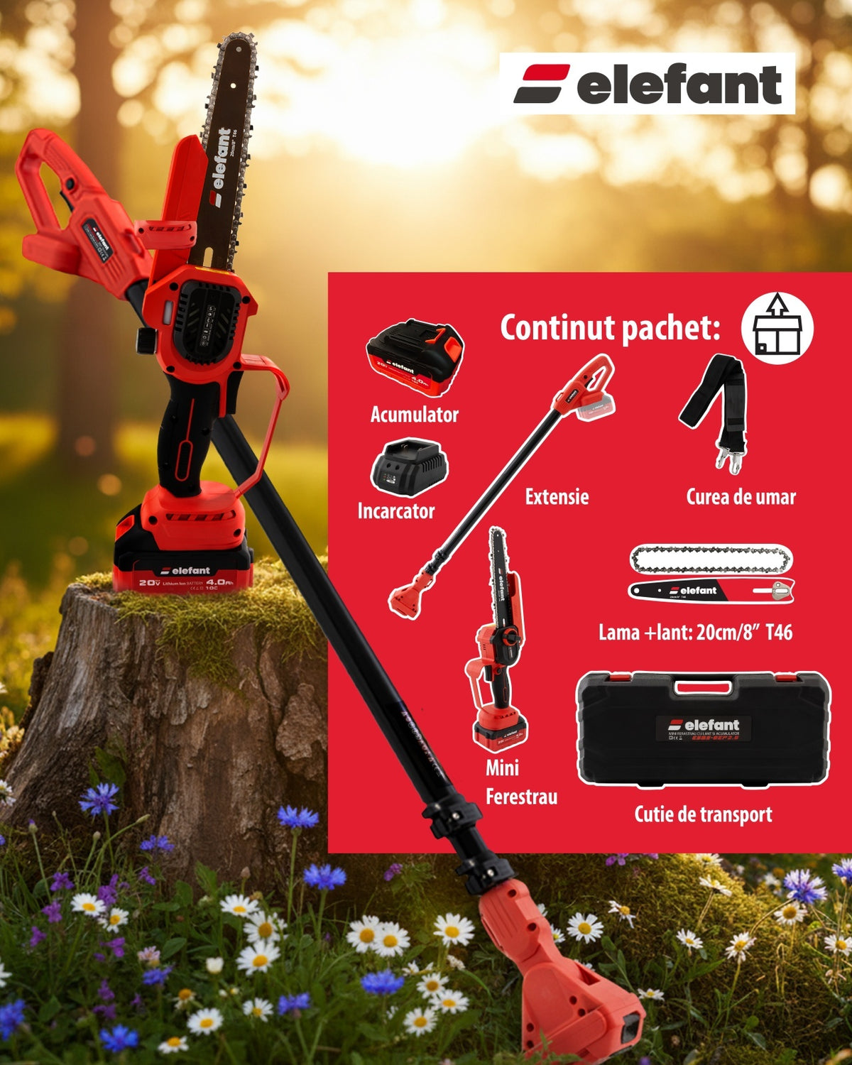 Set Mini drujba 8" si Extensie prelungire 2,5 m pe acumulator cu 1 acumulator 4Ah si incarcator ELEFANT ESBS8EP2.5