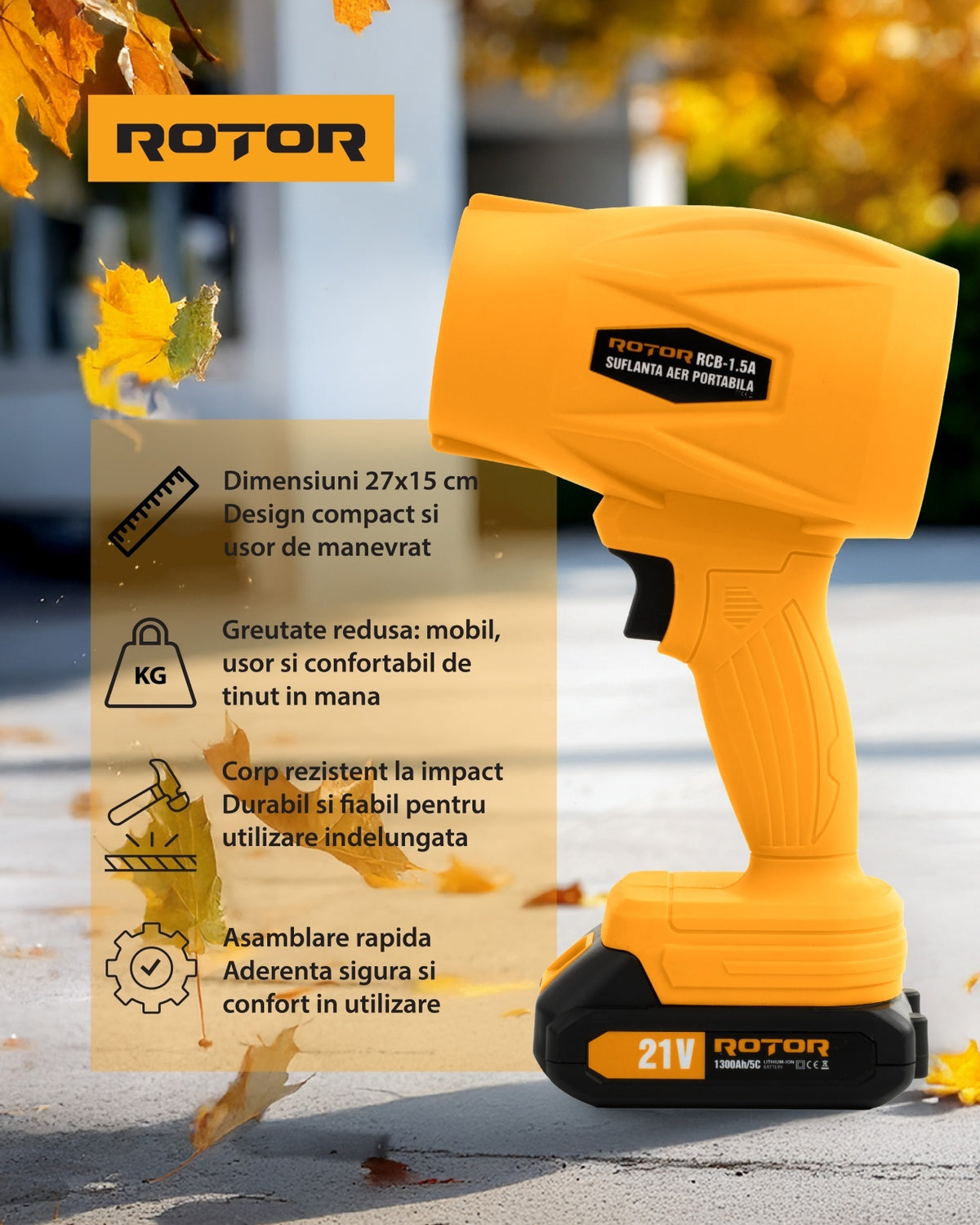 Suflantă aer pe acumulator ROTOR RCB-1.5A 45m/s, 21V/1,3Ah