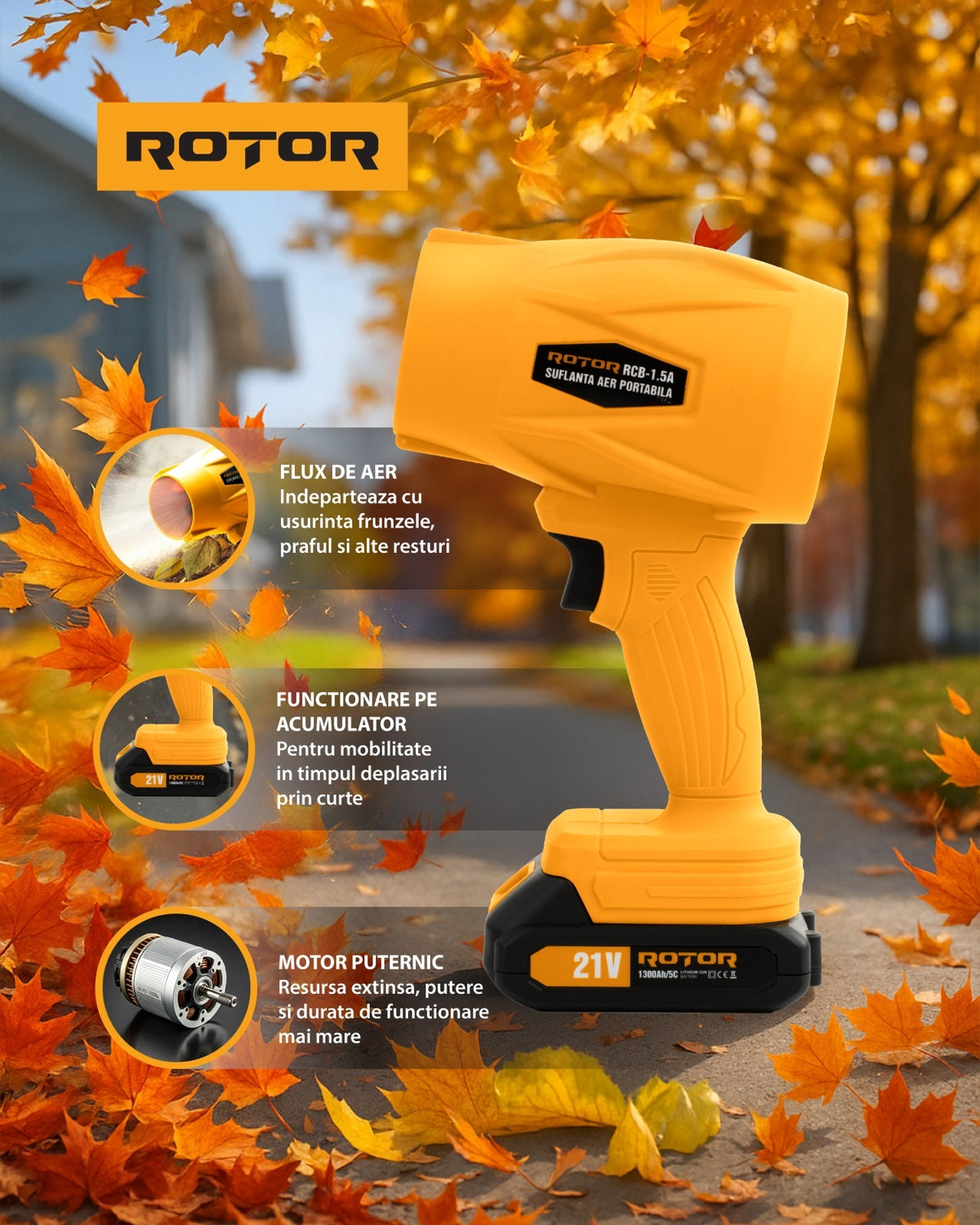 Suflantă aer pe acumulator ROTOR RCB-1.5A 45m/s, 21V/1,3Ah
