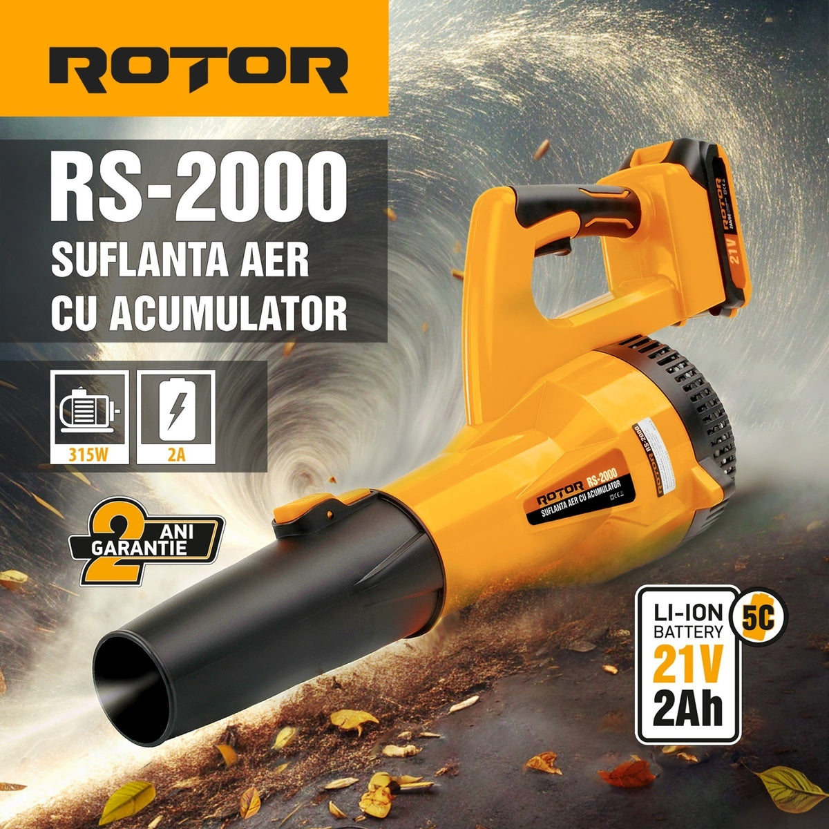 Suflantă aer pe acumulator ROTOR RS-2000 cu 1 acumulator 21V / 2Ah si incarcator ROTOR