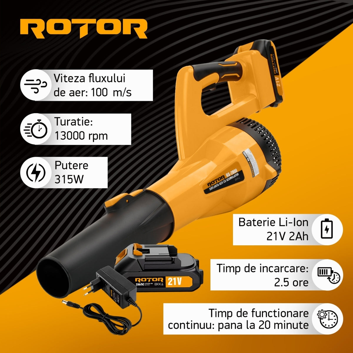 Suflantă aer pe acumulator ROTOR RS-2000 cu 1 acumulator 21V / 2Ah si incarcator ROTOR