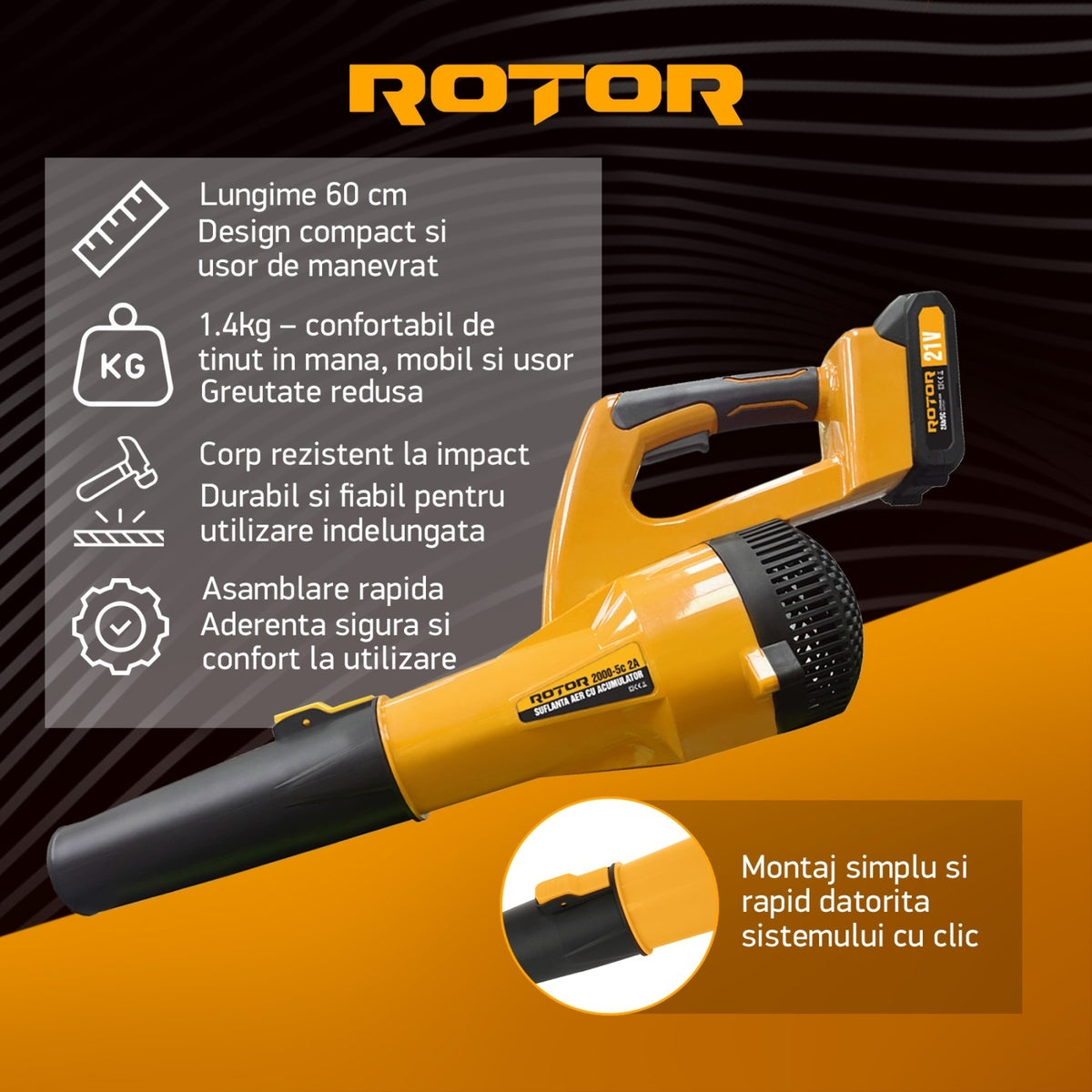 Suflantă aer pe acumulator ROTOR RS-2000 cu 1 acumulator 21V / 2Ah si incarcator ROTOR