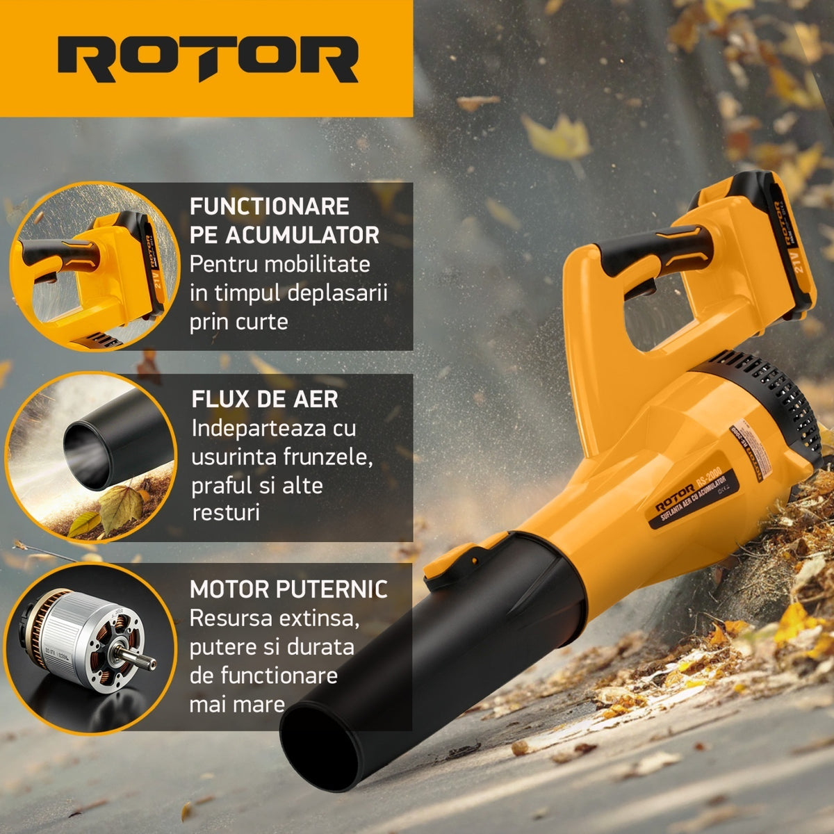 Suflantă aer pe acumulator ROTOR RS-2000 cu 1 acumulator 21V / 2Ah si incarcator ROTOR