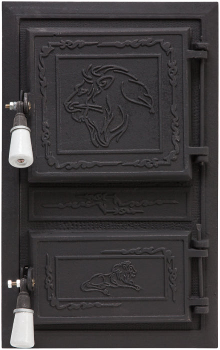 Ușă de Sobă Monobloc din Fontă - 475 x 295 mm, Prindere Platbandă, Dublură Interioară