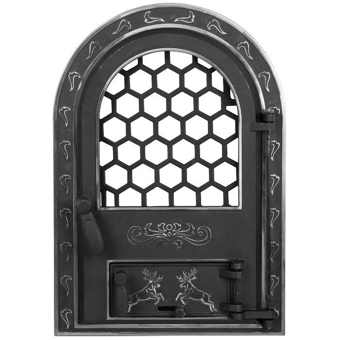 Ușă Șemineu cu Geam Model Cerbi Mare 610 x 425 mm - Ornamente Argintii, Grătar, Montaj 320 x 520 mm