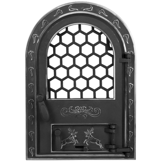 Ușă Șemineu cu Geam Model Cerbi Mare 610 x 425 mm - Ornamente Argintii, Grătar, Montaj 320 x 520 mm