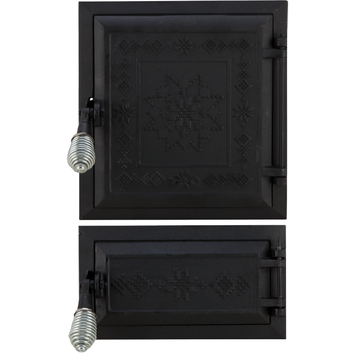 Ușă Sobă cu Cenușar Motive Românești 275+140 x 255 mm - Grătar, Montaj 215 x 235 și 215 x 100 mm