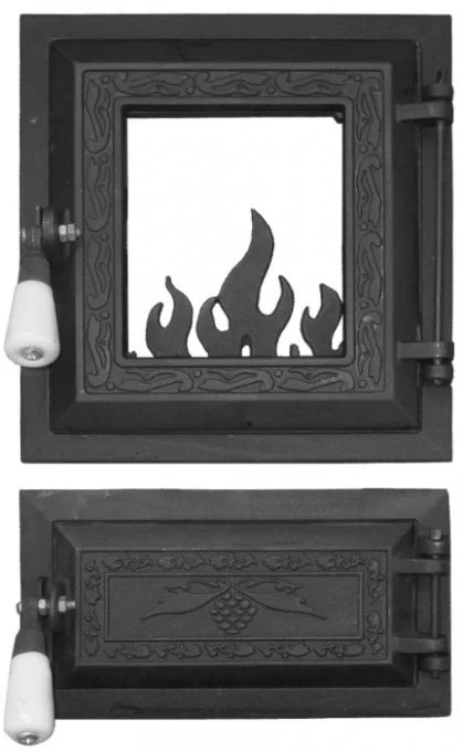 Ușă Sobă cu Geam și Cenușar - 255 x 275 + 140 mm, Prindere Platbandă, Fontă, Sobe Teracotă